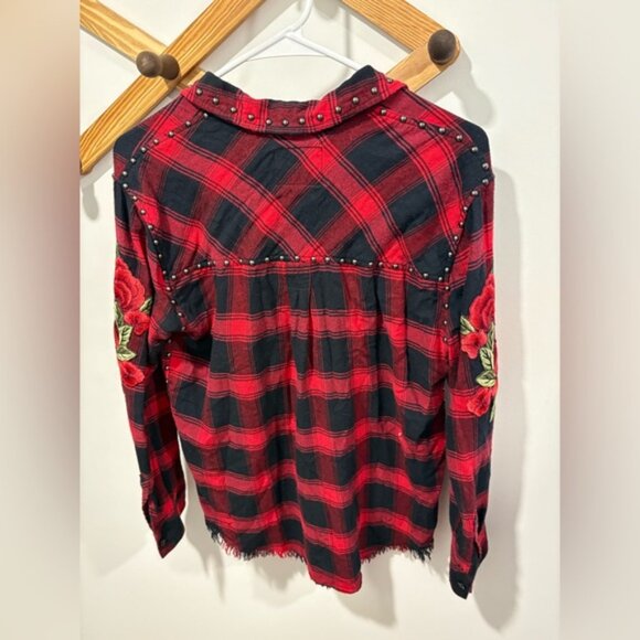 Rails Red and Black Plaid Shirt with studs and rose patch work - Picture 6 of 11